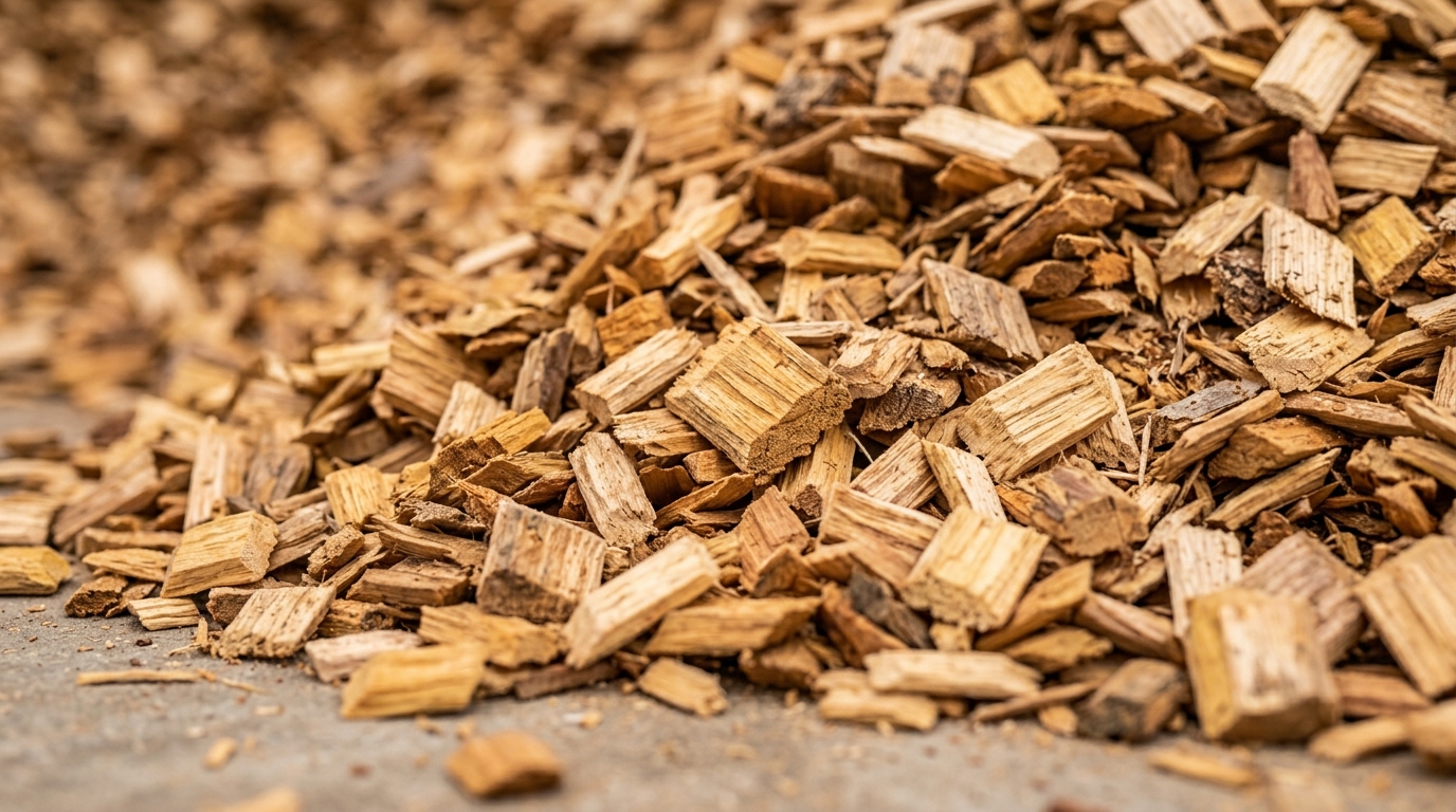 Pilas de astilla de madera almacenadas en el centro logístico de biomasa