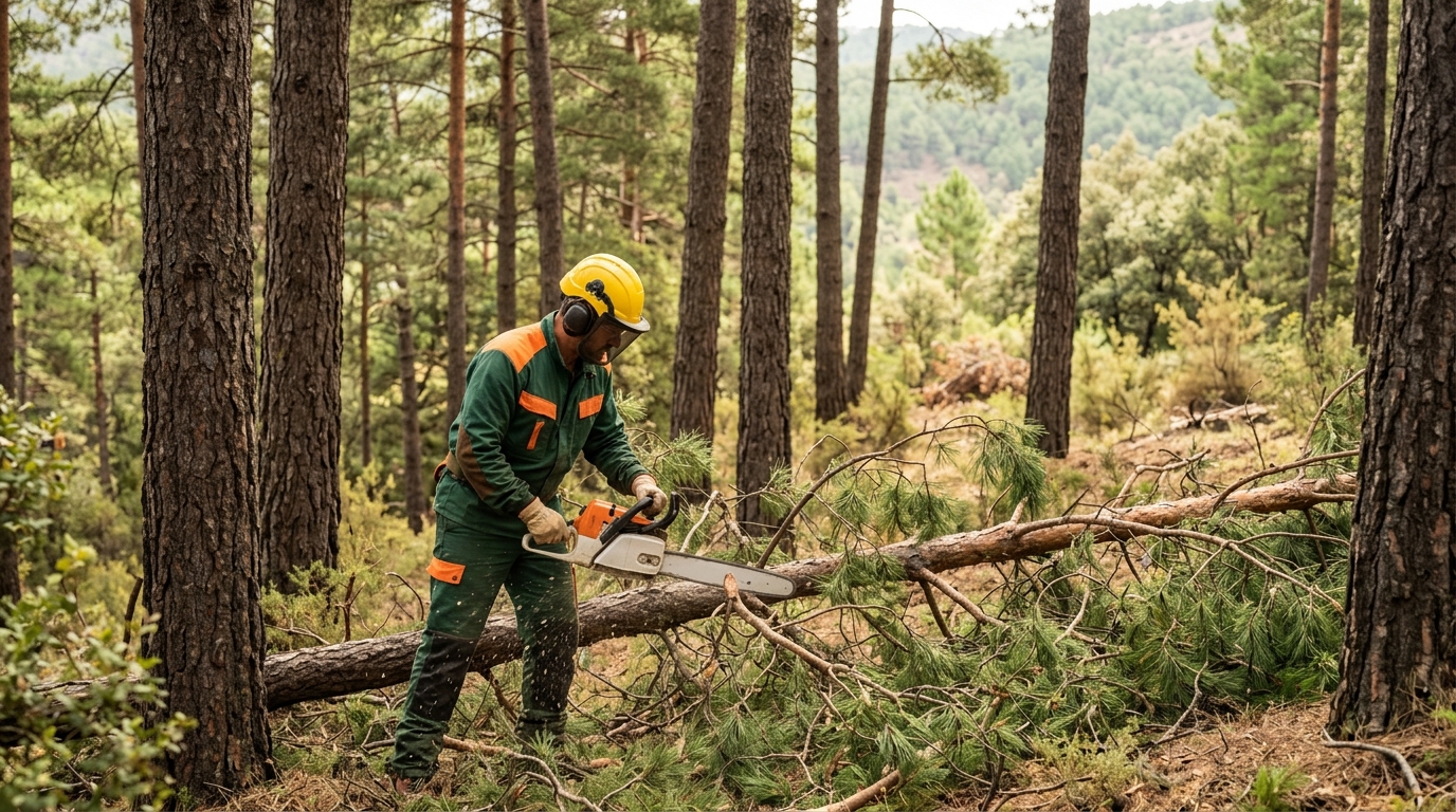 Trabajador forestal de Gil Forestal realizando desbroce con motosierra en monte